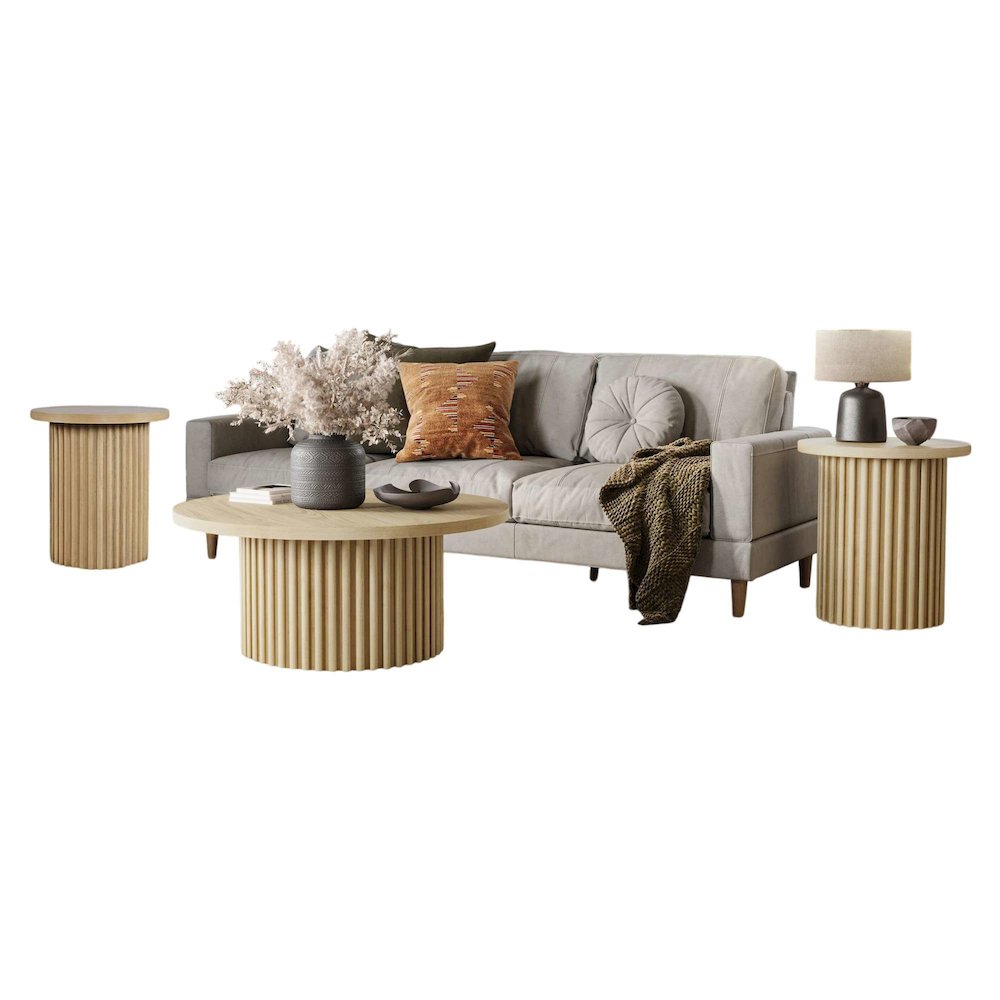 Auden Three Piece Mid-Century Modern Fluted Living Room Coffee and End Table Set. Picture 3