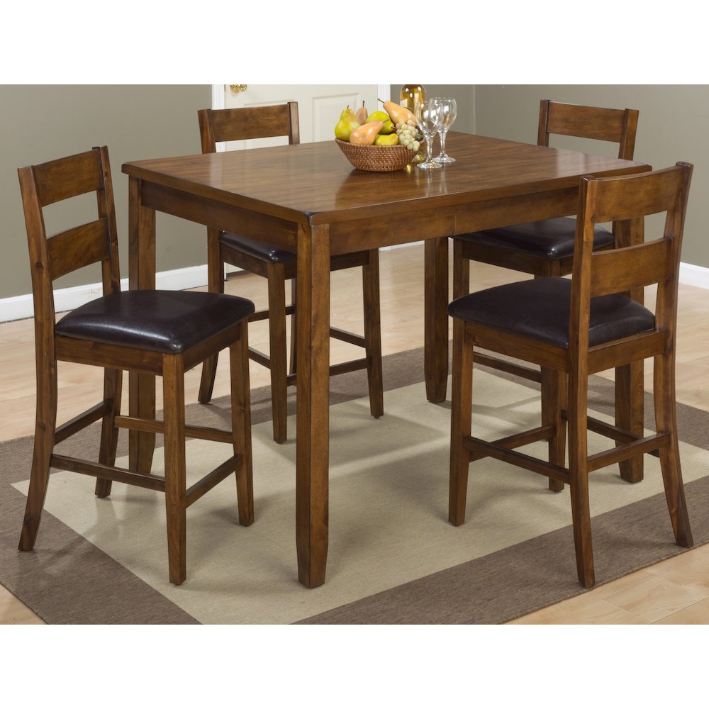 Rustic Brown Counter Height Table and Four Faux Leather Stools- Warm Brown. Picture 6
