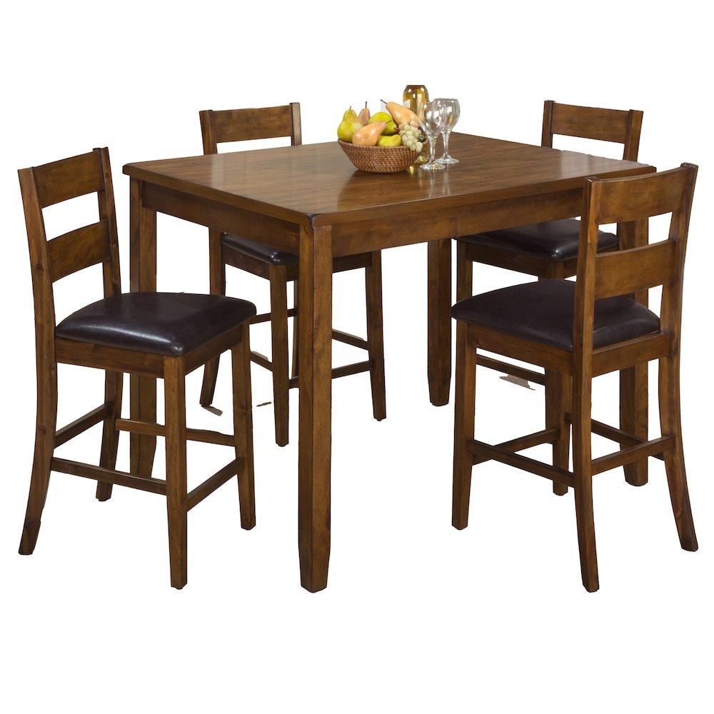 Rustic Brown Counter Height Table and Four Faux Leather Stools- Warm Brown. Picture 1