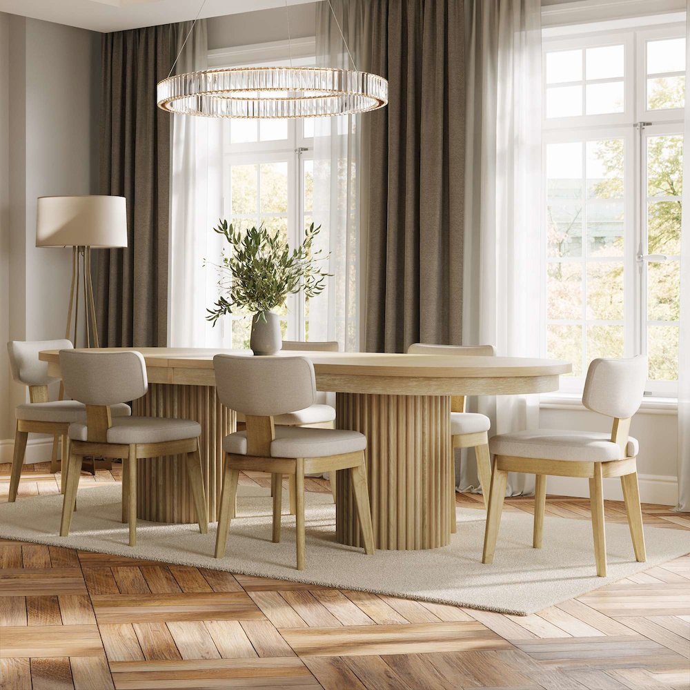 Auden 101" 7-Pc Mid-Century Modern Pedestal Dining Set, Upholstered Chairs. Picture 1