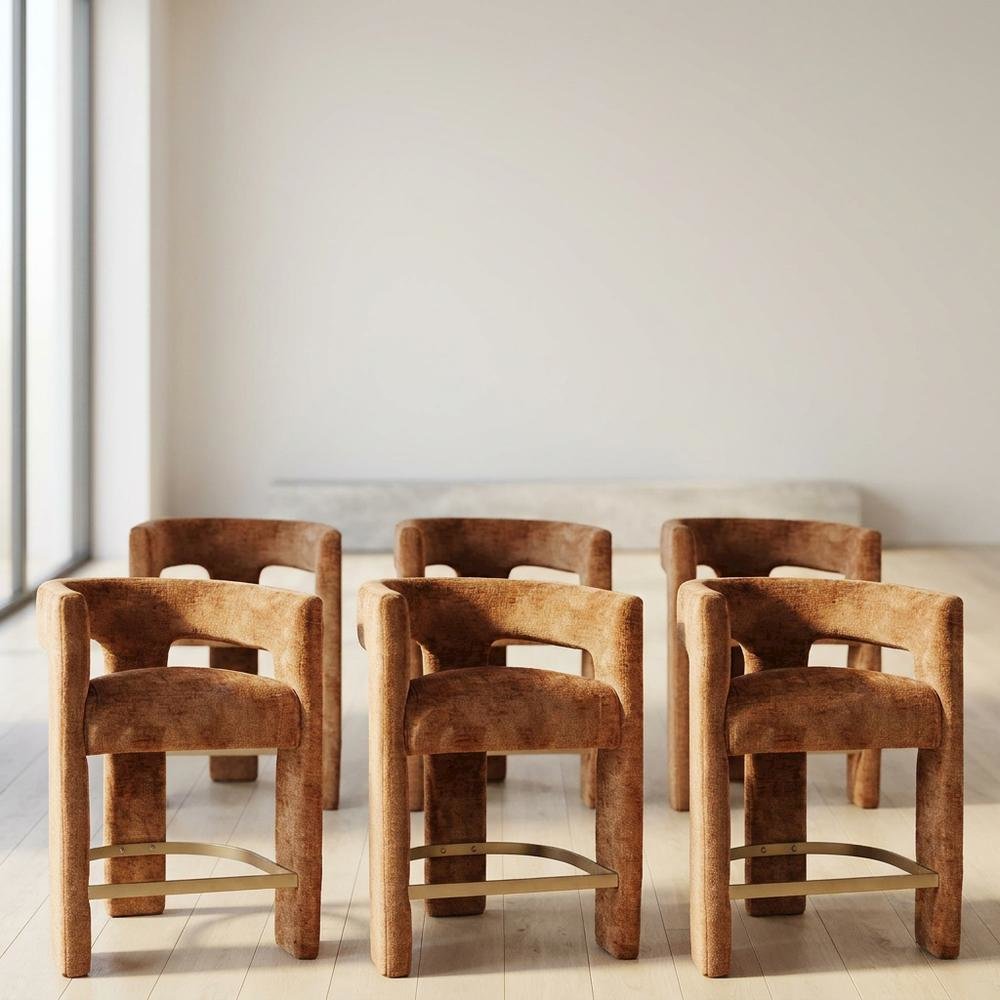 Modern Upholstered Counter Stool, Iron Frame, Rust, Set of 6. Picture 3