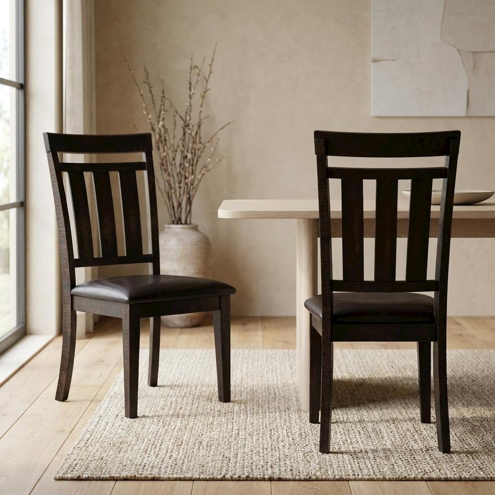 Solid Acacia Slat-Back Rustic Farmhouse Kitchen Dining Chair, Deep Chocolate, Set of 2. Picture 4