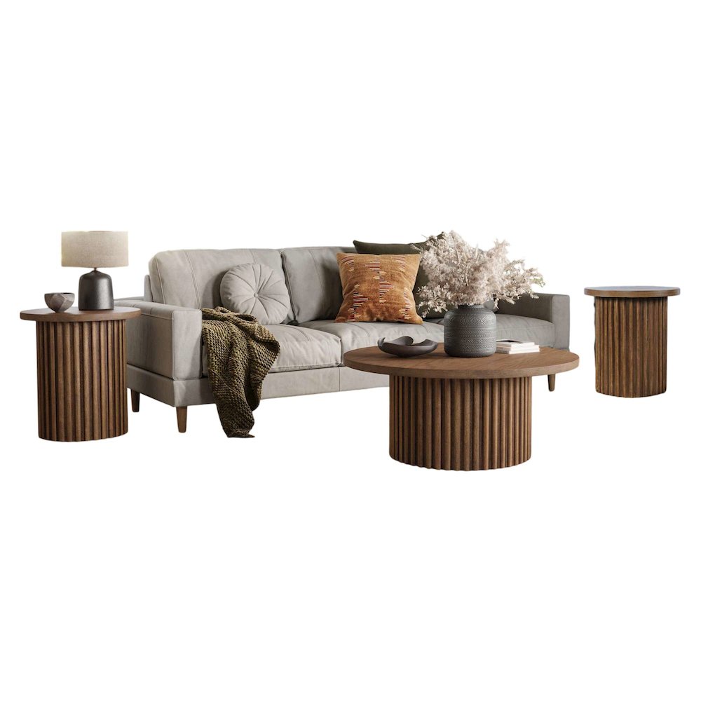 Auden Three Piece Mid-Century Modern Fluted Living Room Coffee and End Table Set. Picture 1