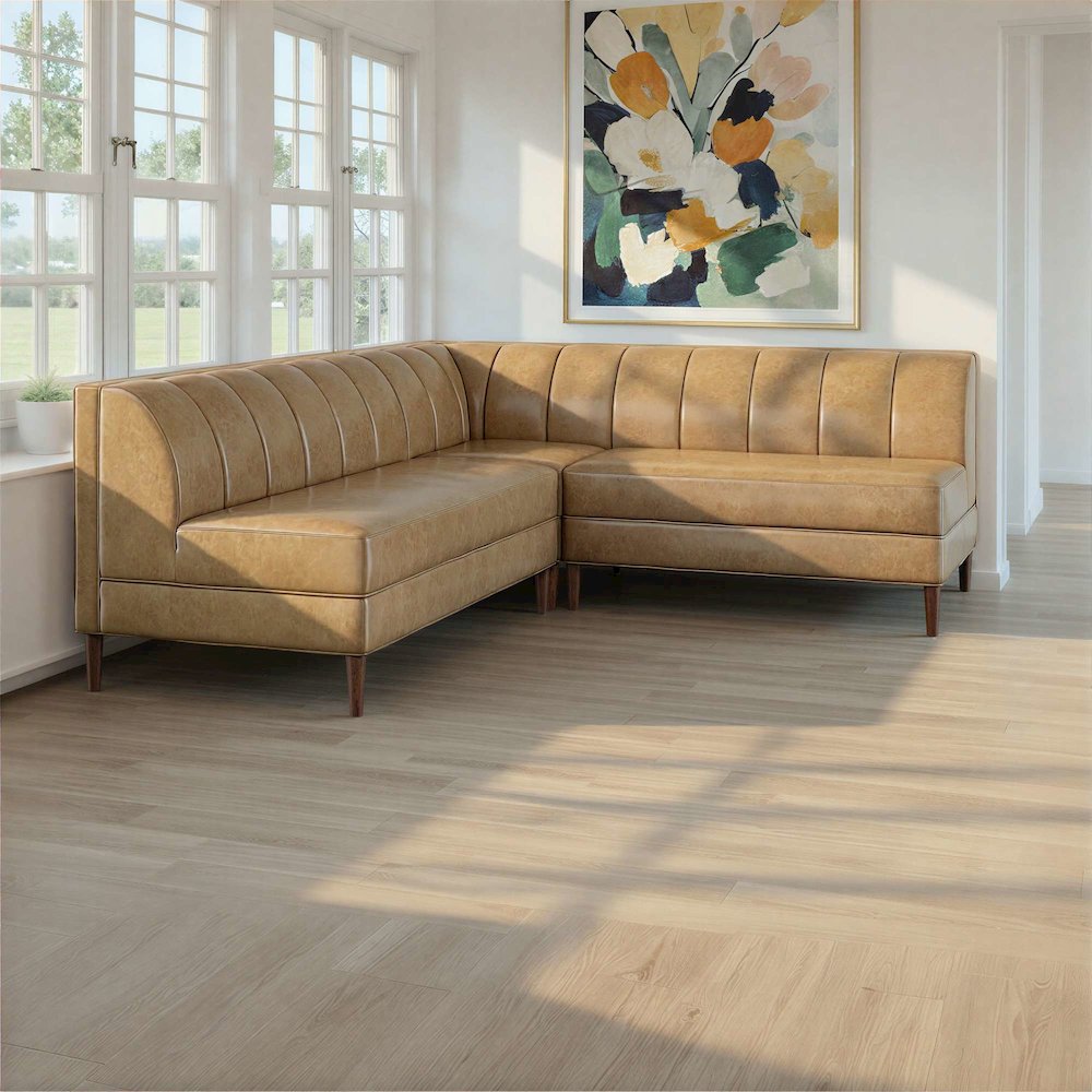 Ruston Modern Banquette Faux Leather Sectional with Five Seats and Corner Wedge. Picture 2