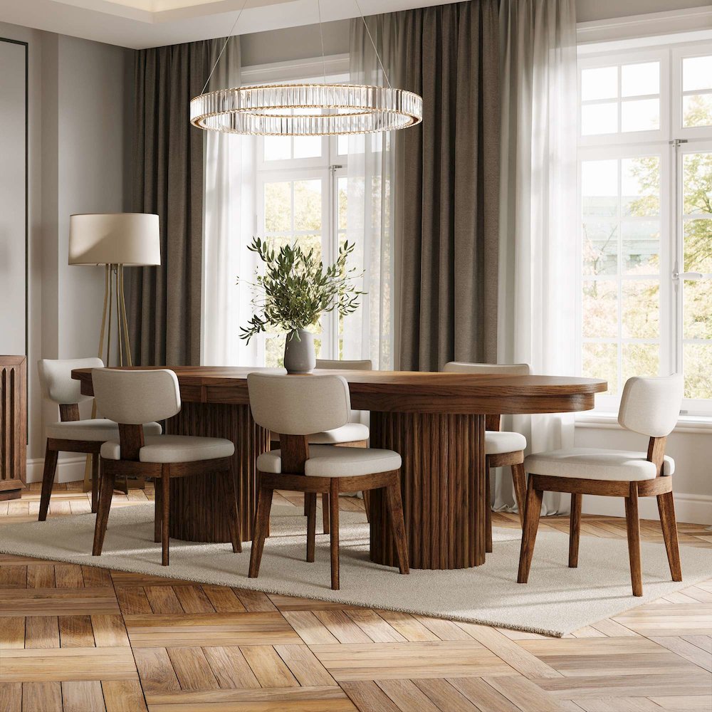 Auden 101" 7-Pc Mid-Century Modern Pedestal Dining Set, Upholstered Chairs. Picture 2