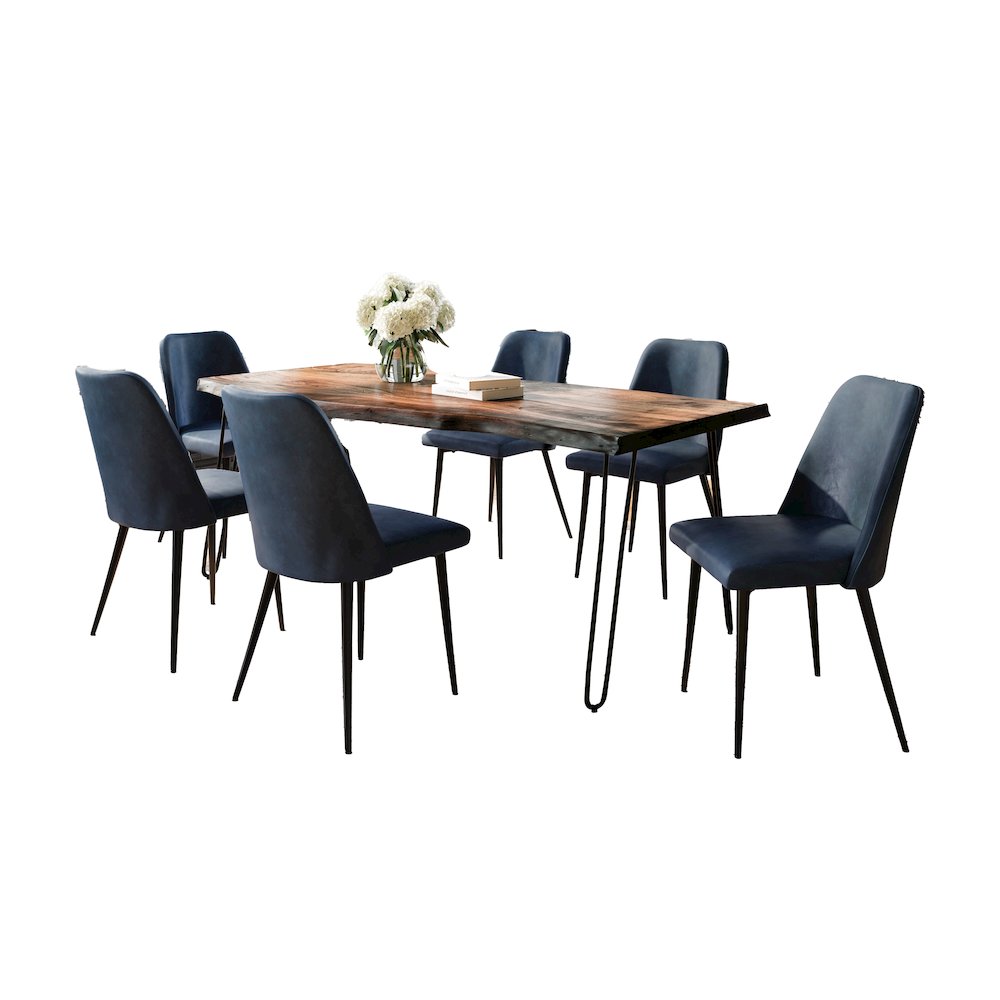 Seven Piece Solid Acacia Dining Set with Upholstered Mid-Century Modern Chairs. Picture 2