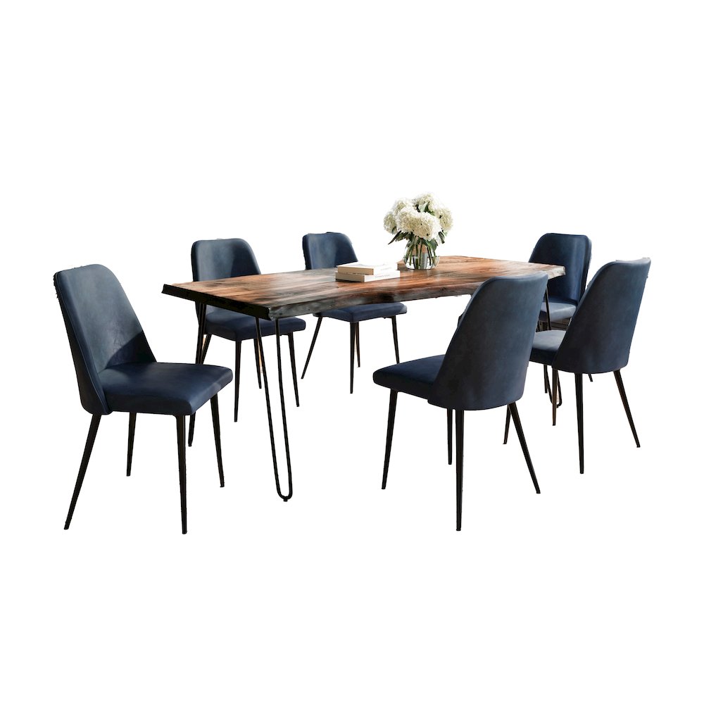 Seven Piece Solid Acacia Dining Set with Upholstered Mid-Century Modern Chairs. Picture 1