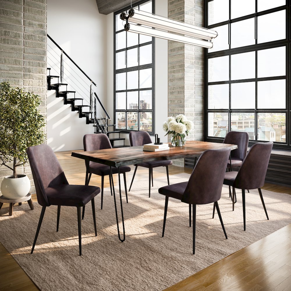 Seven Piece Solid Acacia Dining Set with Upholstered Mid-Century Modern Chairs. Picture 9