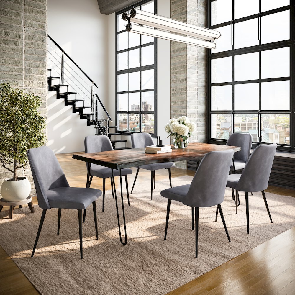 Seven Piece Solid Acacia Dining Set with Upholstered Mid-Century Modern Chairs. Picture 9