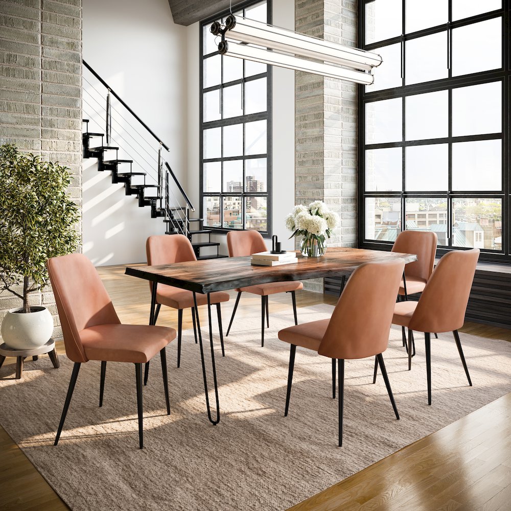 Seven Piece Solid Acacia Dining Set with Upholstered Mid-Century Modern Chairs. Picture 9