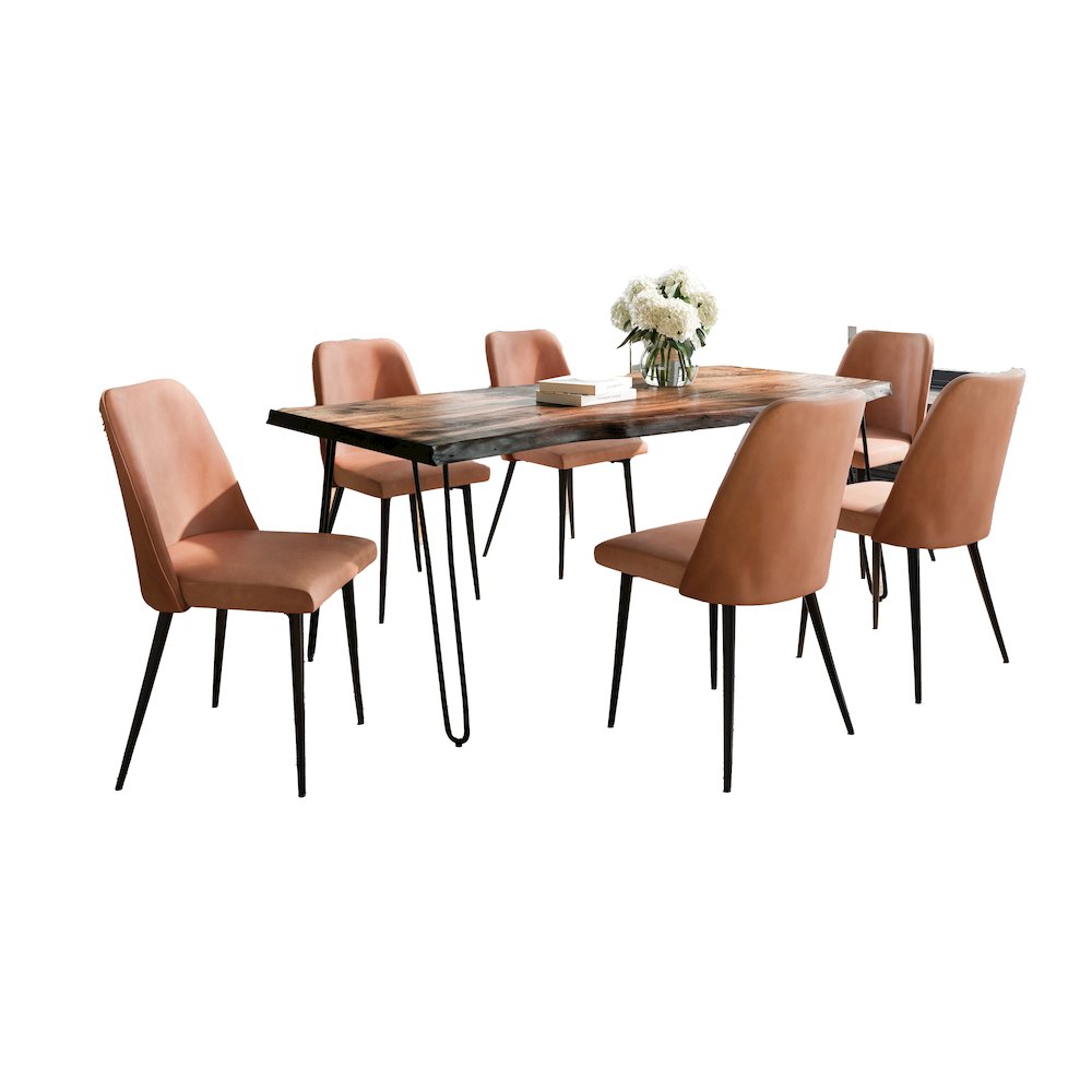 Seven Piece Solid Acacia Dining Set with Upholstered Mid-Century Modern Chairs. Picture 1