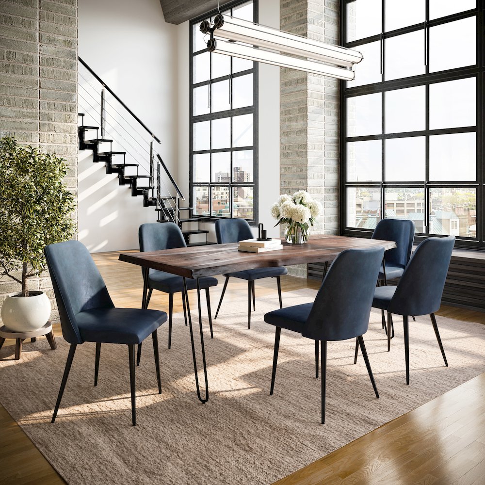 Seven Piece Solid Acacia Dining Set with Upholstered Mid-Century Modern Chairs. Picture 9