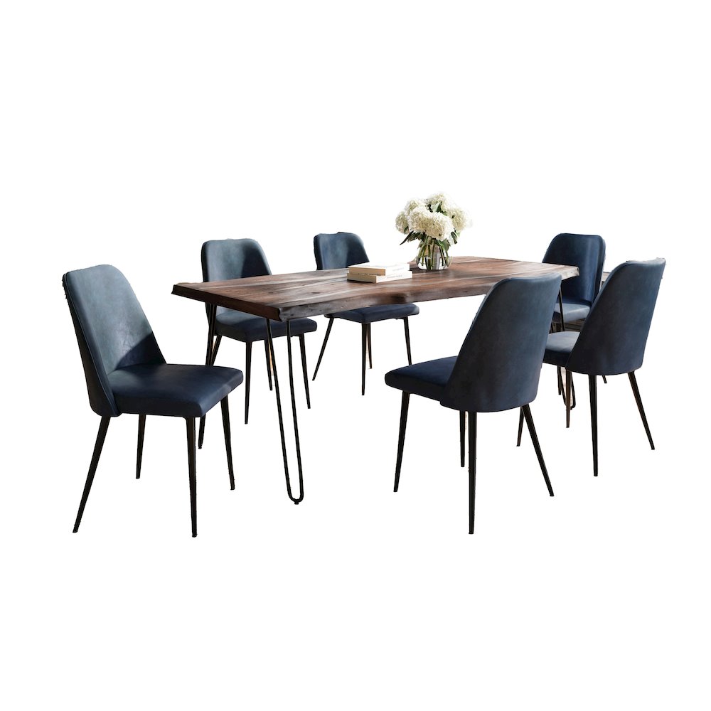 Seven Piece Solid Acacia Dining Set with Upholstered Mid-Century Modern Chairs. Picture 1