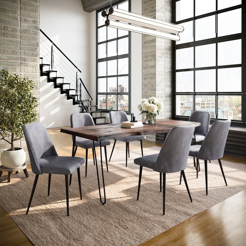 Seven Piece Solid Acacia Dining Set with Upholstered Mid-Century Modern Chairs. Picture 9