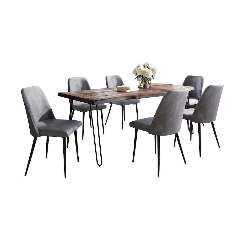 Seven Piece Solid Acacia Dining Set with Upholstered Mid-Century Modern Chairs. Picture 1