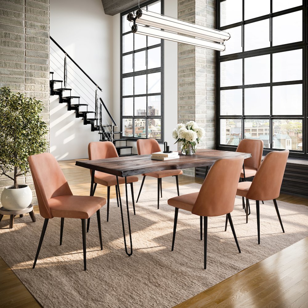 Seven Piece Solid Acacia Dining Set with Upholstered Mid-Century Modern Chairs. Picture 9