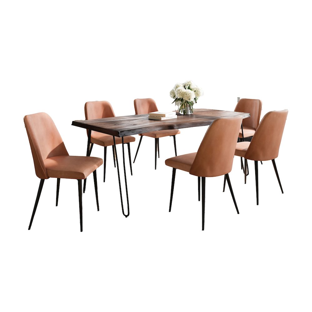 Seven Piece Solid Acacia Dining Set with Upholstered Mid-Century Modern Chairs. Picture 1
