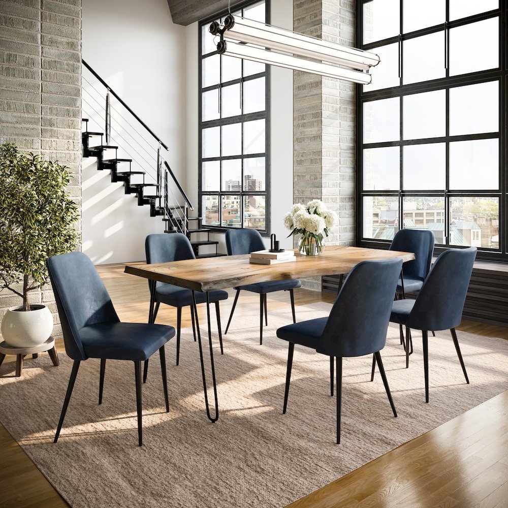 Seven Piece Solid Acacia Dining Set with Upholstered Mid-Century Modern Chairs. Picture 9