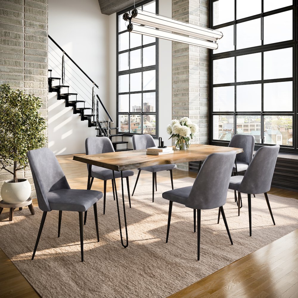 Seven Piece Solid Acacia Dining Set with Upholstered Mid-Century Modern Chairs. Picture 9