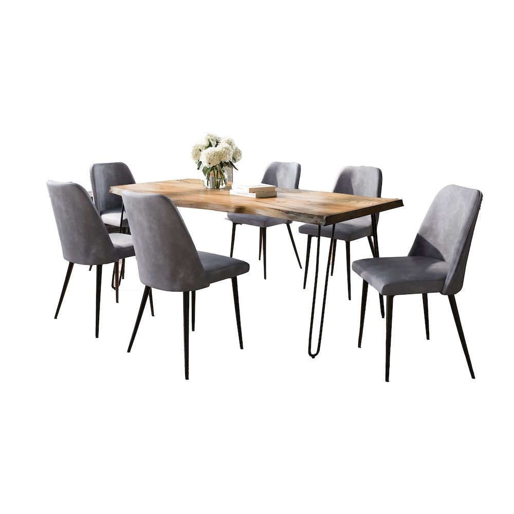 Seven Piece Solid Acacia Dining Set with Upholstered Mid-Century Modern Chairs. Picture 2