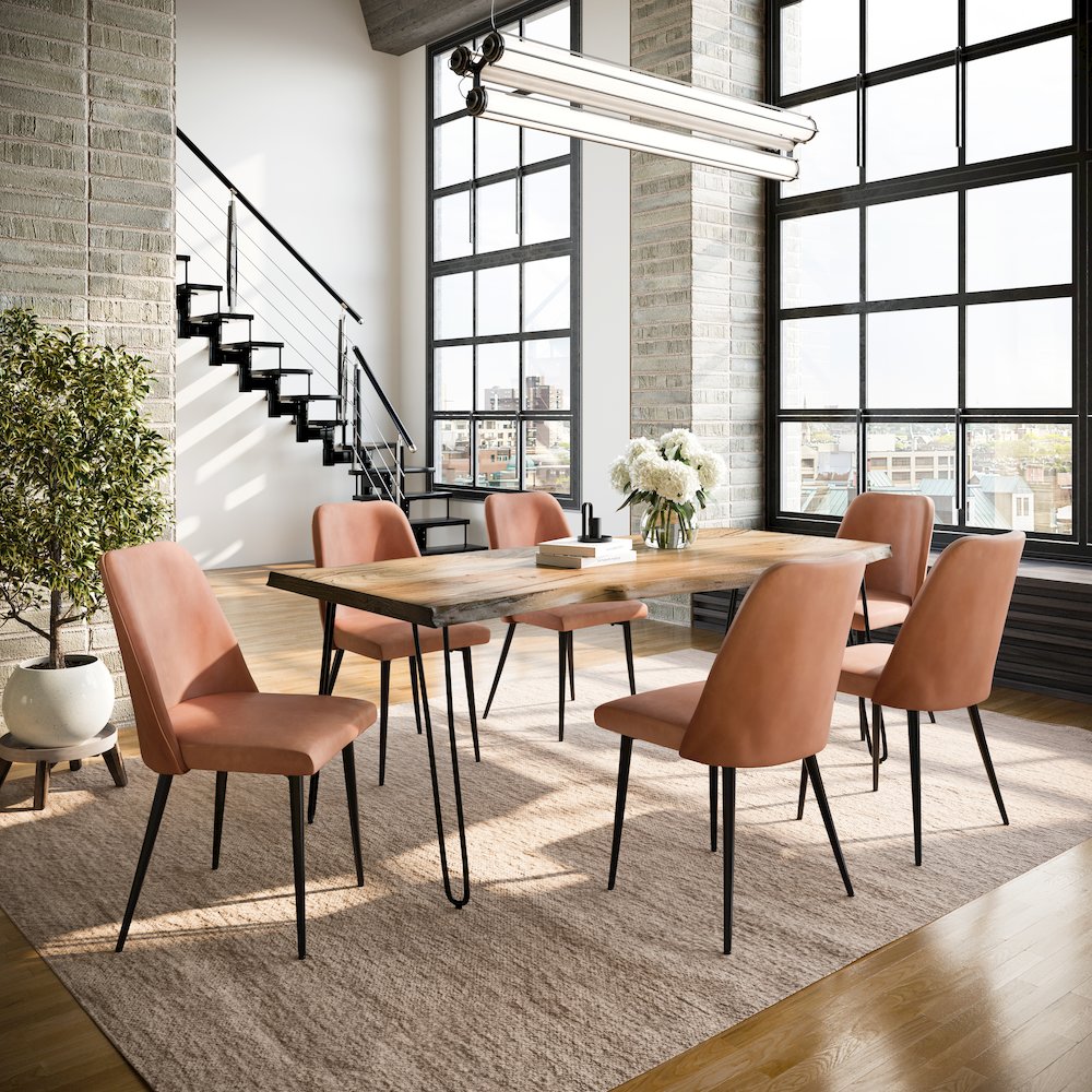 Seven Piece Solid Acacia Dining Set with Upholstered Mid-Century Modern Chairs. Picture 9