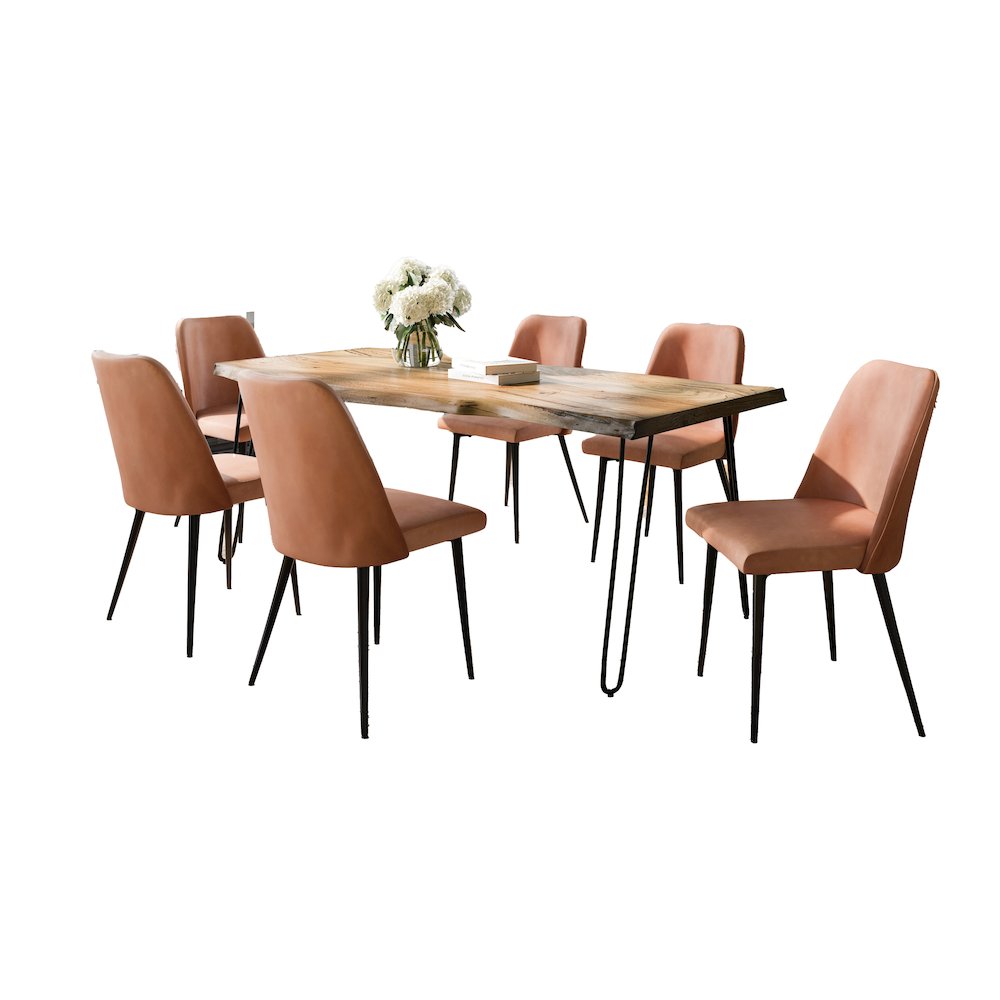 Seven Piece Solid Acacia Dining Set with Upholstered Mid-Century Modern Chairs. Picture 2