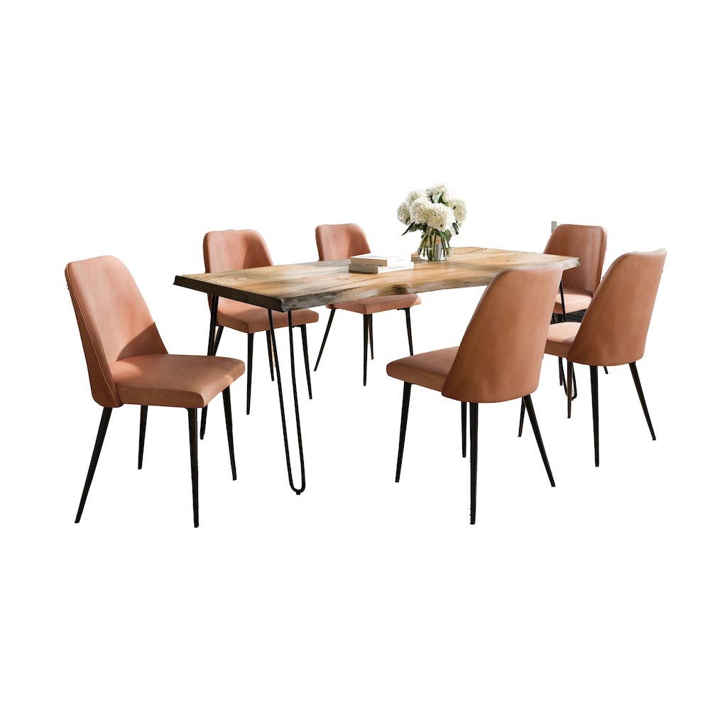 Seven Piece Solid Acacia Dining Set with Upholstered Mid-Century Modern Chairs. Picture 1