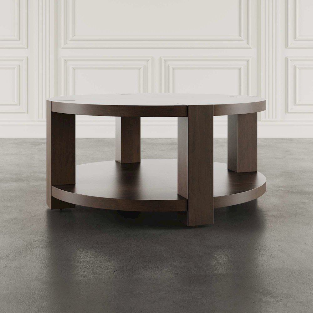 Brownstone 40" Round Transitional Modern Block-Frame Coffee Table with Wheels. Picture 9