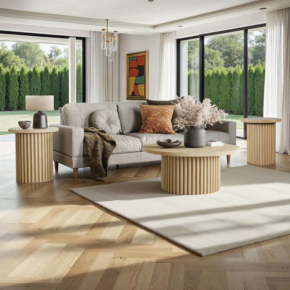 Auden Three Piece Mid-Century Modern Fluted Living Room Coffee and End Table Set. Picture 2