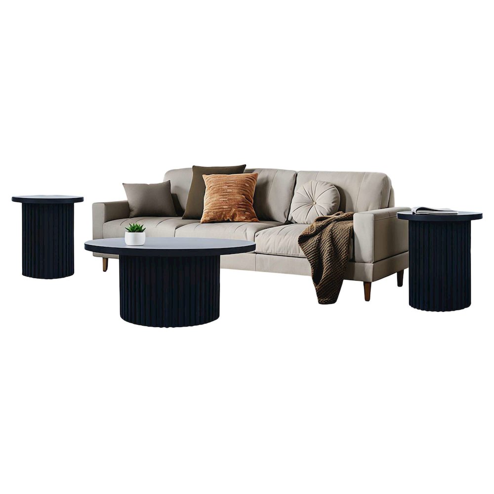Auden Three Piece Mid-Century Modern Fluted Living Room Coffee and End Table Set. Picture 3