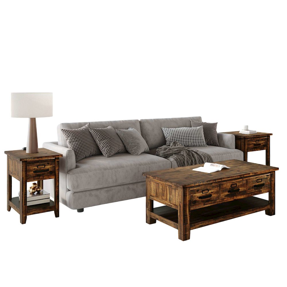 Cannon Valley Rustic Modern 3-Pc Living Room Coffee/End/Side Table Set. Picture 1