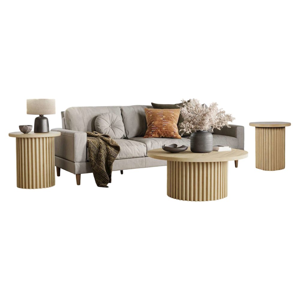 Auden Three Piece Mid-Century Modern Fluted Living Room Coffee and End Table Set. Picture 1