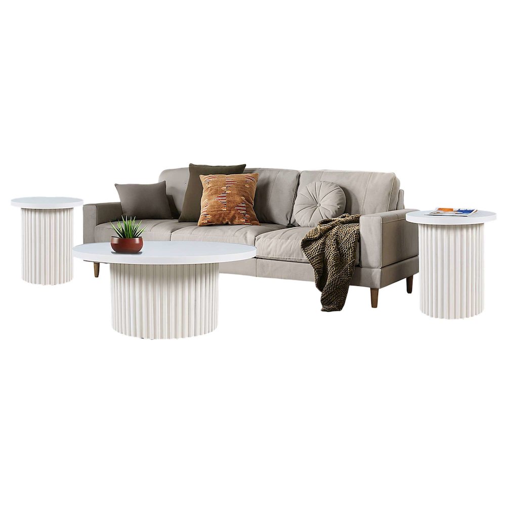 Auden Three Piece Mid-Century Modern Fluted Living Room Coffee and End Table Set. Picture 3