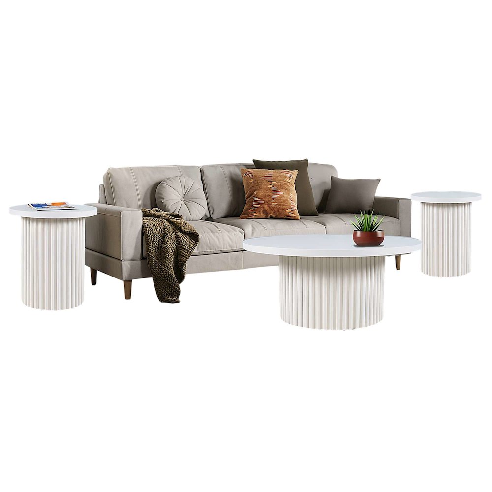 Auden Three Piece Mid-Century Modern Fluted Living Room Coffee and End Table Set. Picture 1