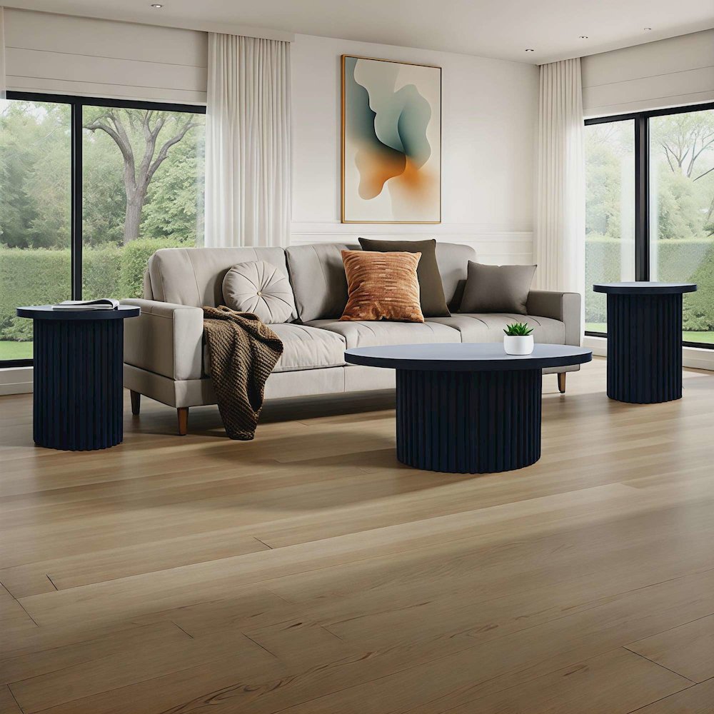 Auden Three Piece Mid-Century Modern Fluted Living Room Coffee and End Table Set. Picture 2