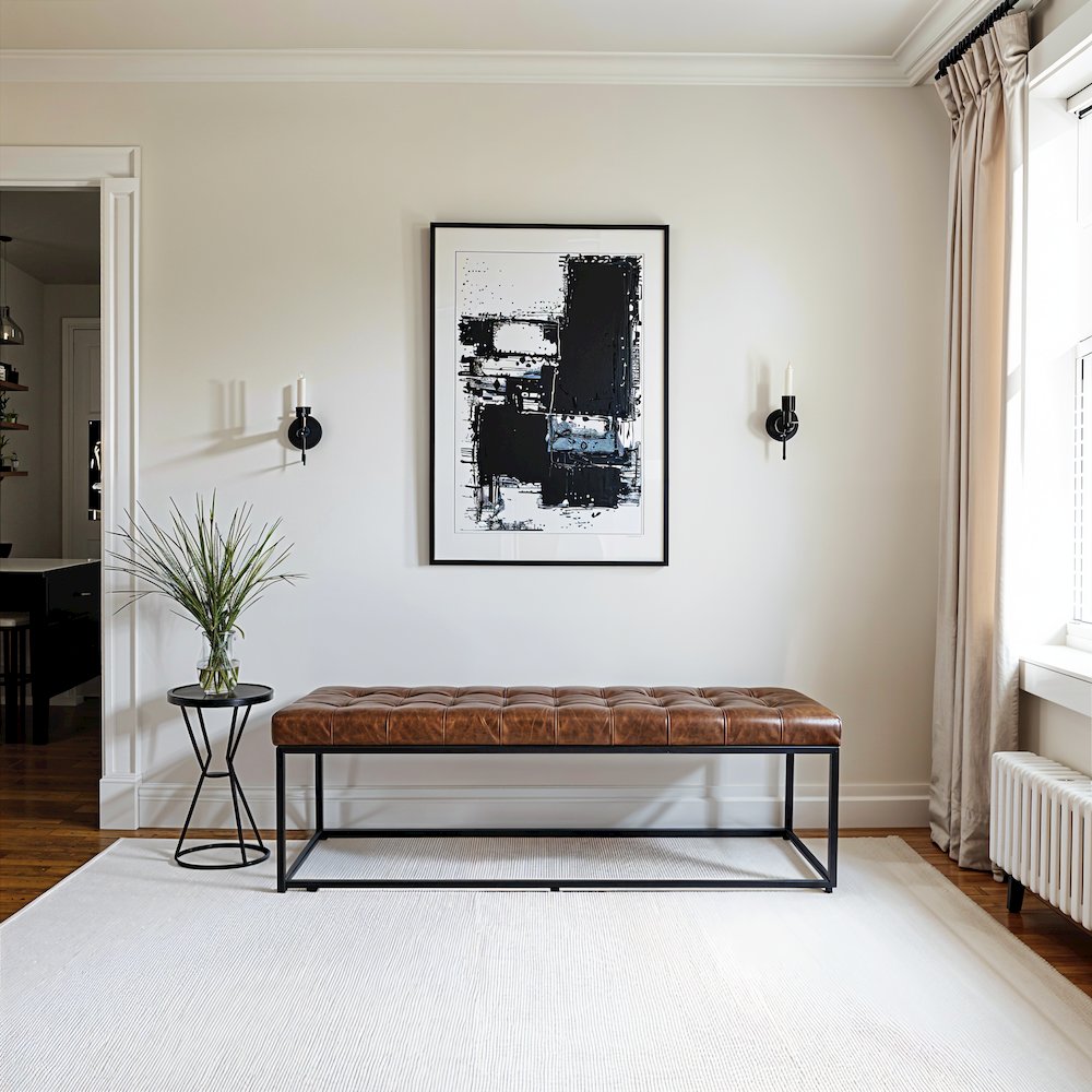 55-Inch Brown Leather Ottoman Bench with Metal for Home Décor. Picture 6