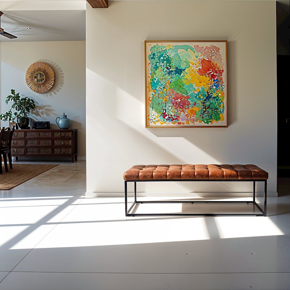 55-Inch Brown Leather Ottoman Bench with Metal for Home Décor. Picture 7