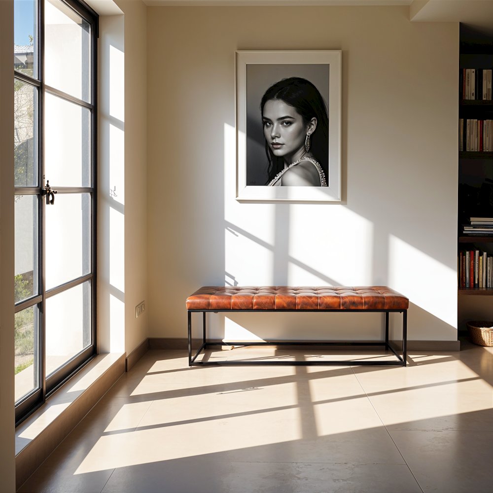 55-Inch Brown Leather Ottoman Bench with Metal for Home Décor. Picture 8