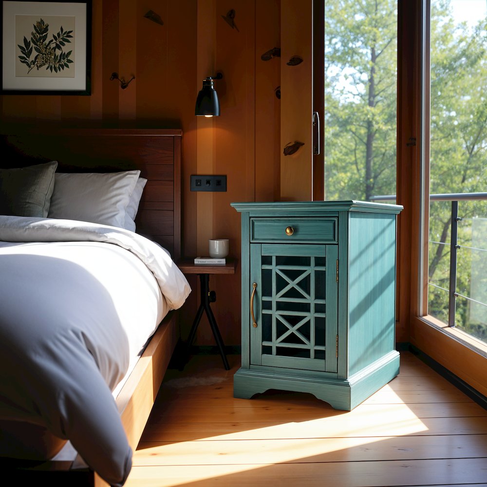 Blue Chairside End Table with USB Charging Ports, Acacia, Glass Construction. Picture 12