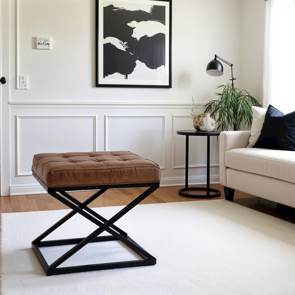 Distressed Brown Genuine Leather Ottoman Stool with Metal and MDF Base. Picture 7