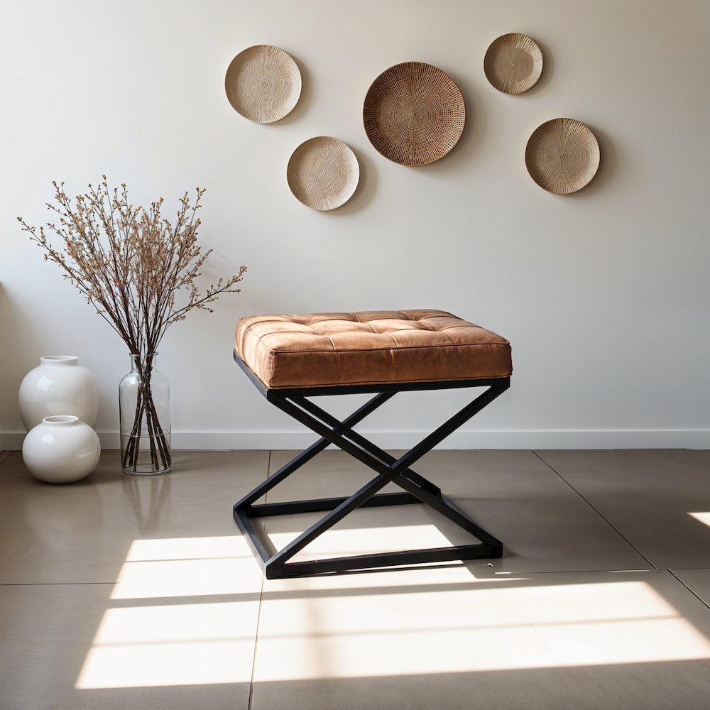 Distressed Brown Genuine Leather Ottoman Stool with Metal and MDF Base. Picture 8