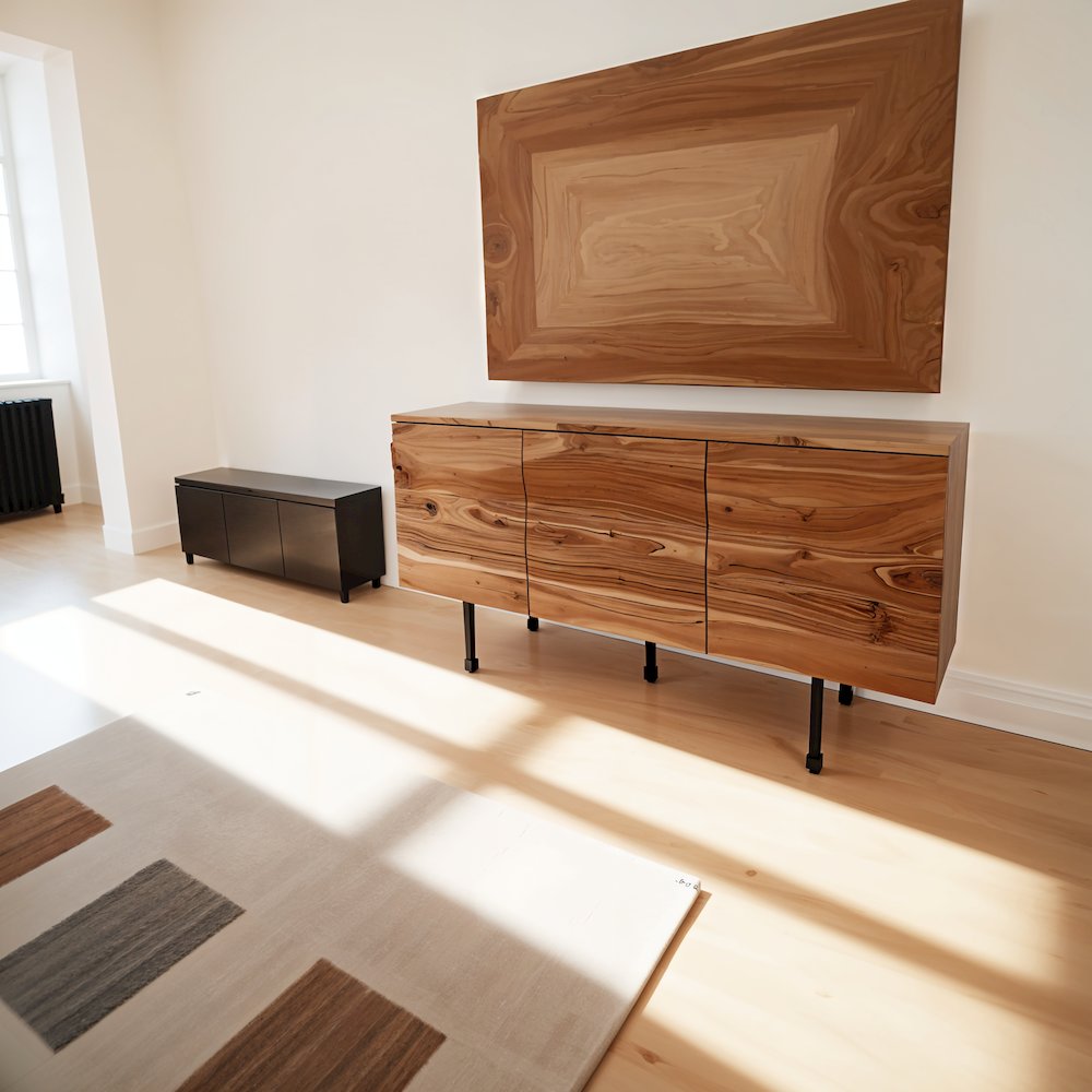 Brown Acacia Three-Door Accent Cabinet with Metal Base for Living Room Storage. Picture 3