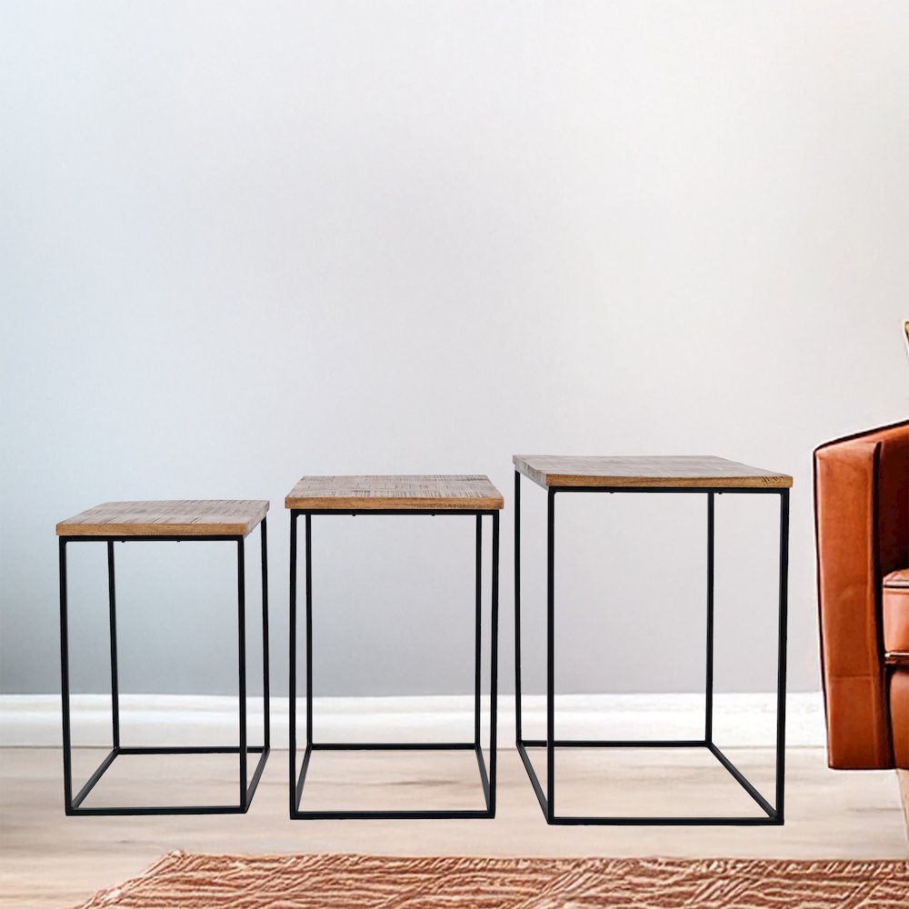 Brody Square Modern Rustic Solid Wood and Metal Nesting End Tables - Set of 3. Picture 6