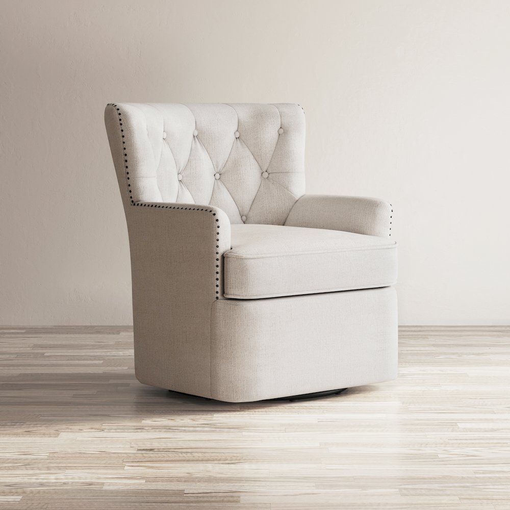 Bryson Transitional Upholstered Swivel Chair with Nailhead Trim. Picture 10