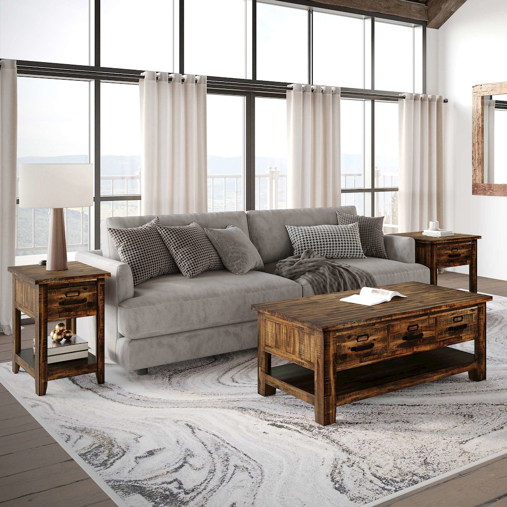 Cannon Valley Rustic Modern 3-Pc Living Room Coffee/End/Side Table Set. Picture 2