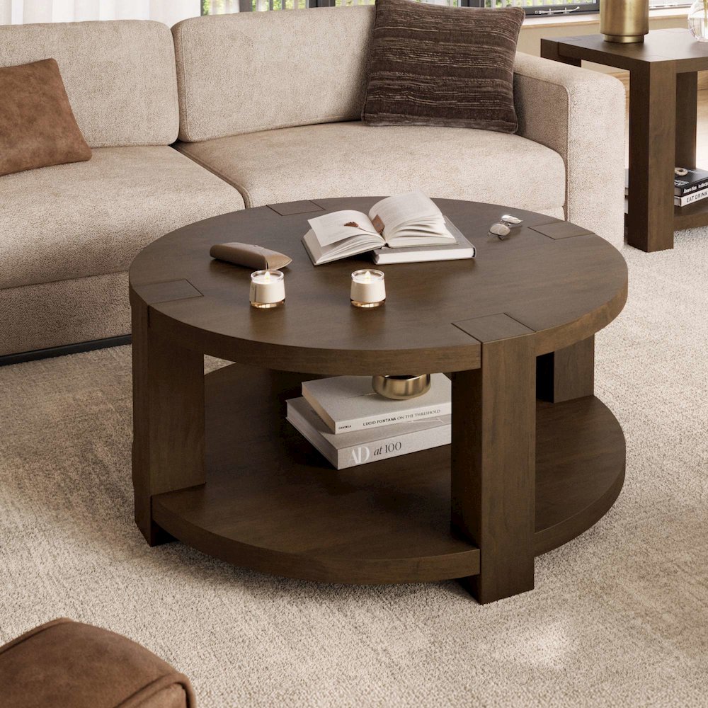 Brownstone 40" Round Transitional Modern Block-Frame Coffee Table with Wheels. Picture 2