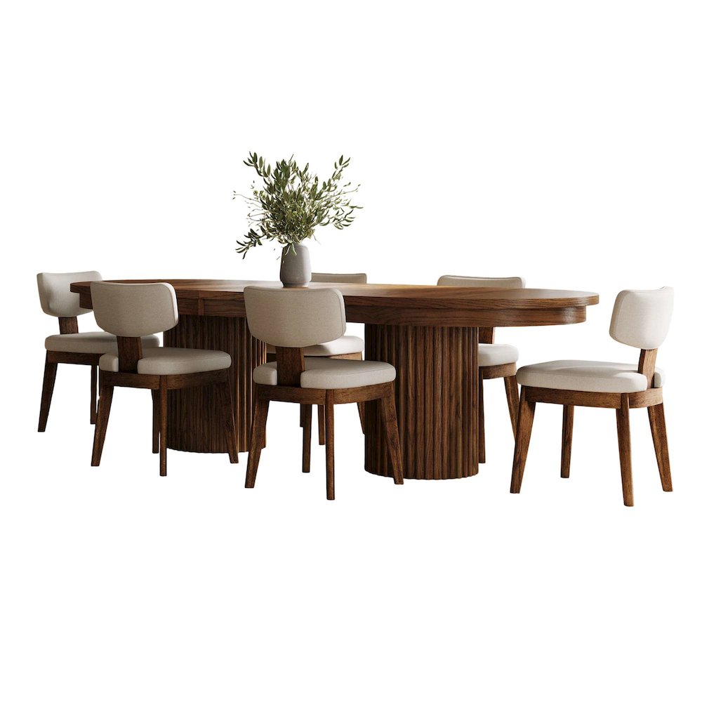 Auden 101" 7-Pc Mid-Century Modern Pedestal Dining Set, Upholstered Chairs. Picture 1