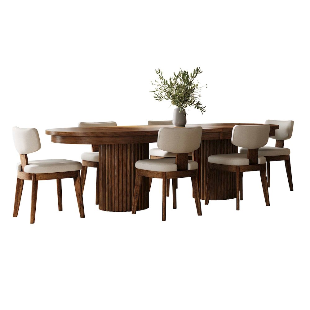 Auden 101" 7-Pc Mid-Century Modern Pedestal Dining Set, Upholstered Chairs. Picture 3