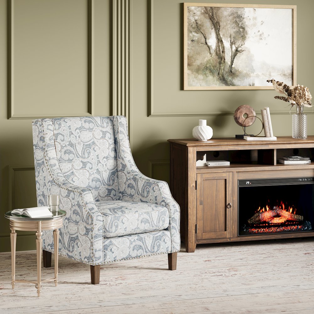 Paisley Fabric Transitional Upholstered Accent Chair with Nailhead Trim. Picture 2
