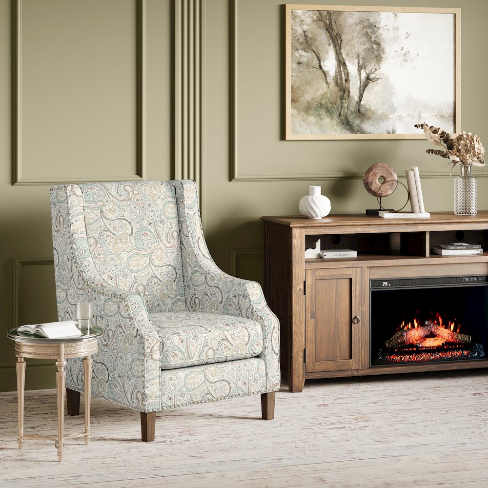 Paisley Fabric Transitional Upholstered Accent Chair with Nailhead Trim. Picture 8